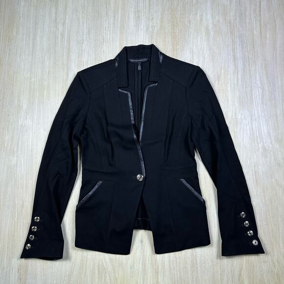 WHBM Black Faux Leather Trim One Button Closure Career Business Blazer Jacket 2 - Picture 1 of 14